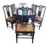 DR - Vintage Rosewood Chinese Dining Table Set with Glass Top & 8 Carved Chairs