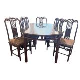 DR - Vintage Rosewood Chinese Dining Table Set with Glass Top & 8 Carved Chairs