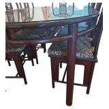 DR - Vintage Rosewood Chinese Dining Table Set with Glass Top & 8 Carved Chairs