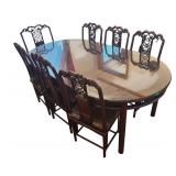 DR - Vintage Rosewood Chinese Dining Table Set with Glass Top & 8 Carved Chairs