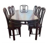 DR - Vintage Rosewood Chinese Dining Table Set with Glass Top & 8 Carved Chairs