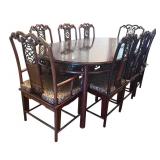 DR - Vintage Rosewood Chinese Dining Table Set with Glass Top & 8 Carved Chairs