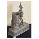 K - Dhokra Brass Figure - Vintage Indian Horned Warrior with Cylinder