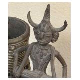 K - Dhokra Brass Figure - Vintage Indian Horned Warrior with Cylinder