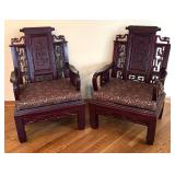LR - Pair of Vintage Carved Rosewood Armchairs with Dragon Panels