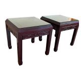 LR - Pair of Vintage Carved Wood End Tables with Glass Tops