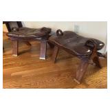 LR - Pair of Wood Camel Saddle Stools W/ Leather Seat Pads and Brass Inlay