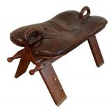 LR - Pair of Wood Camel Saddle Stools W/ Leather Seat Pads and Brass Inlay