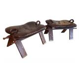 LR - Pair of Wood Camel Saddle Stools W/ Leather Seat Pads and Brass Inlay
