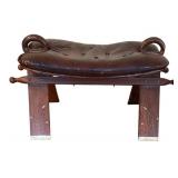 LR - Pair of Wood Camel Saddle Stools W/ Leather Seat Pads and Brass Inlay
