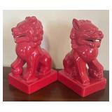 K - Pair of Red Glazed Red Ceramic Foo Dog Statues