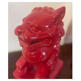 K - Pair of Red Glazed Red Ceramic Foo Dog Statues
