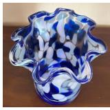 K - Blue & White Swirl Glass Vase with Ruffled Rim