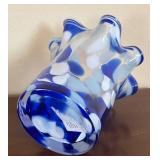 K - Blue & White Swirl Glass Vase with Ruffled Rim