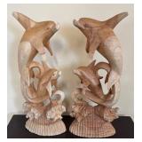 K - Pair of Wooden Dolphin Sculptures
