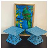 K - Stained Glass Style Parrot Framed Panel  with Pair of Blue Ceramic Candle Holders