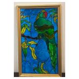 K - Stained Glass Style Parrot Framed Panel  with Pair of Blue Ceramic Candle Holders