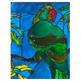 K - Stained Glass Style Parrot Framed Panel  with Pair of Blue Ceramic Candle Holders