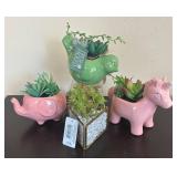 LR - Faux Foliage: Pink Pig Planters & Green Bird Planter with Succulents by Fresh Picked