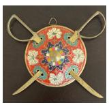 K - Brass Sword Decor Round Plaque with Cloisonné Enamel