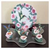 LR - Popular Imports Hummingbird Plate with Coordinating Flower Figurines