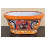 Hand-Painted Orange Rim & Multicolor Floral Mexican Pottery Planter