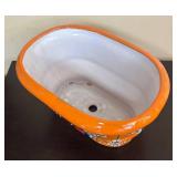 Hand-Painted Orange Rim & Multicolor Floral Mexican Pottery Planter