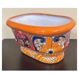 Hand-Painted Orange Rim & Multicolor Floral Mexican Pottery Planter