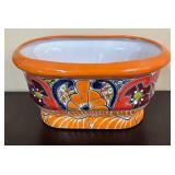 Hand-Painted Orange Rim & Multicolor Floral Mexican Pottery Planter