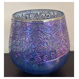 LR - Iridescent Purple-Blue Glass Vase with Raised Scrollwork Pattern