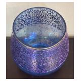 LR - Iridescent Purple-Blue Glass Vase with Raised Scrollwork Pattern