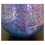 LR - Iridescent Purple-Blue Glass Vase with Raised Scrollwork Pattern