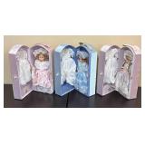 LR - Three Collectible Dolls in Pastel Lace Dresses with Display Cases