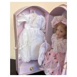 LR - Three Collectible Dolls in Pastel Lace Dresses with Display Cases