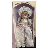 LR - Three Collectible Dolls in Pastel Lace Dresses with Display Cases