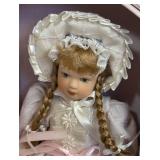 LR - Three Collectible Dolls in Pastel Lace Dresses with Display Cases