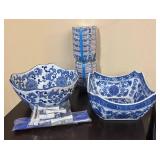 LR - Blue & White Porcelain Asian-Style Bowls with Chopsticks & Holders