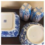LR - Blue & White Porcelain Asian-Style Bowls with Chopsticks & Holders