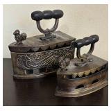 LR - Antique Style Brass Sad Irons with Ornate Floral Scrollwork