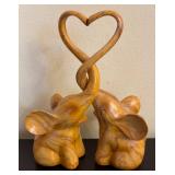 K - Pair of Hand-Carved Wooden Heart Motif Elephant Sculptures