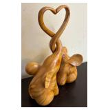 K - Pair of Hand-Carved Wooden Heart Motif Elephant Sculptures