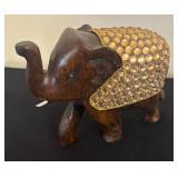 LR - Elephant Figurines Trio -Tall Wooden Sculpture and Saddled Elephants