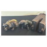 LR - Elephant Figurines Trio -Tall Wooden Sculpture and Saddled Elephants