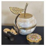 K - Brass Elephant Figurine & Mother-of-Pearl Mosaic Trinket Box & Flower-Lid Box
