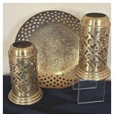 Brass Candle Holders & Ornate Vintage Brass Bowl