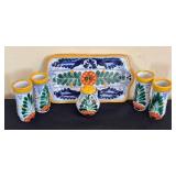K - Mexican Hand-Painted Ceramic Tray, Salt Shaker & Shot Glasses