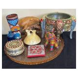 LR - Depression Glass Platter with Elephant-Leg Stand - Platter, Trinket Box, Wooden Whale Sculpture and More