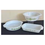 LR - Vintage Glasbake Vintage Bakeware Set - 3-Piece White Glass with Green Floral Border