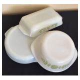 LR - Vintage Glasbake Vintage Bakeware Set - 3-Piece White Glass with Green Floral Border