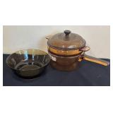 LR - Brown Glass Double Boiler with Lid with Bowl